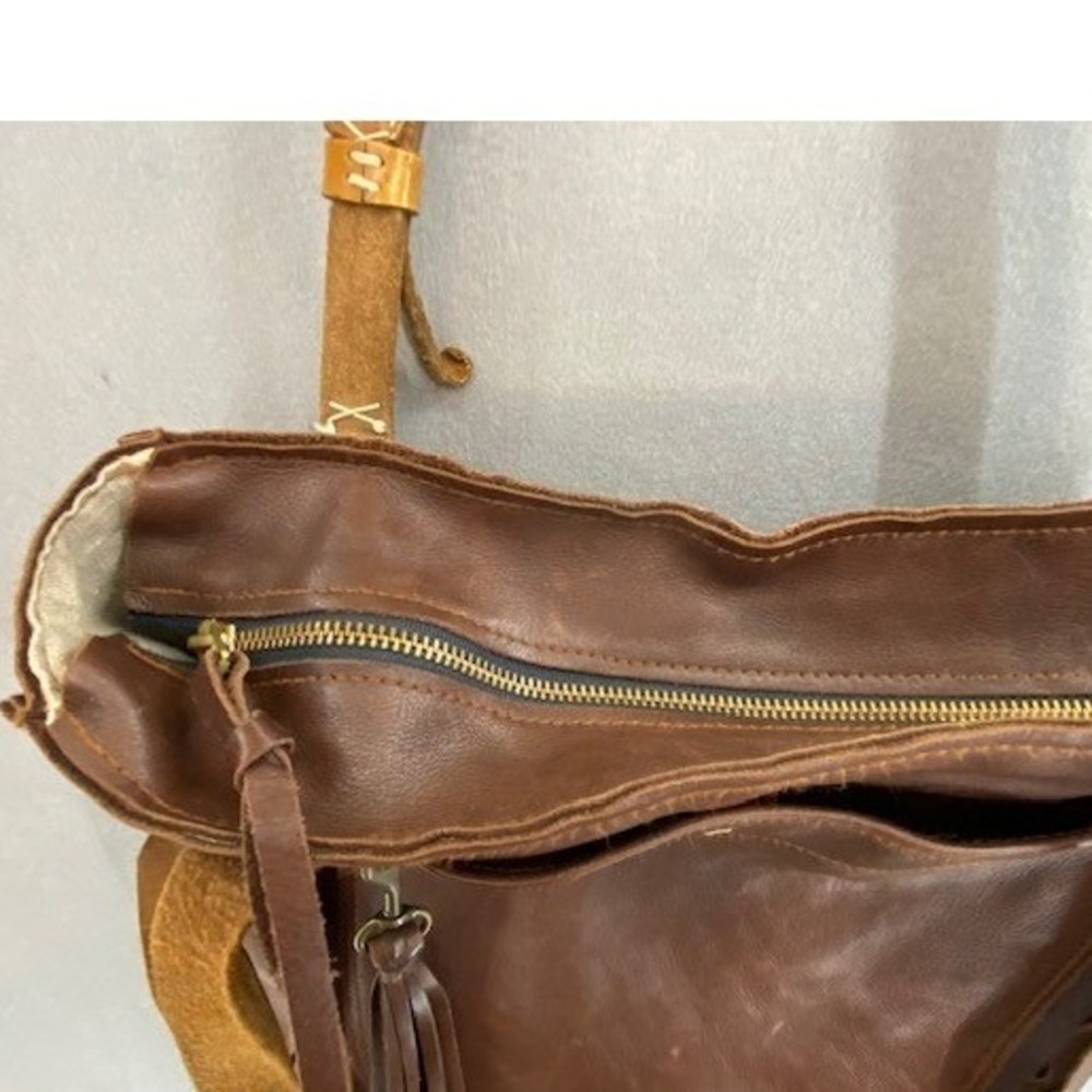 Handmade by Elke‎ Boulder CO Brown Leather Tassel Tote Bag Zippered Shopper - Picture 10 of 16